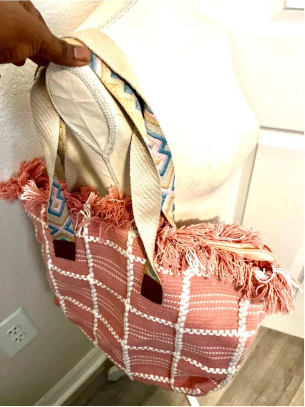 NWT Styliné branded fringe tote bag featuring a pink checkered pattern.